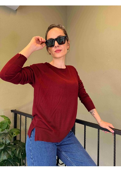 Bordo Bisiklet Yaka Basic İnce Triko