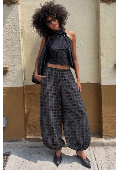 Madmext Siyah Ekose Desenli Beli Lastikli Balon Pantolon Mg2905