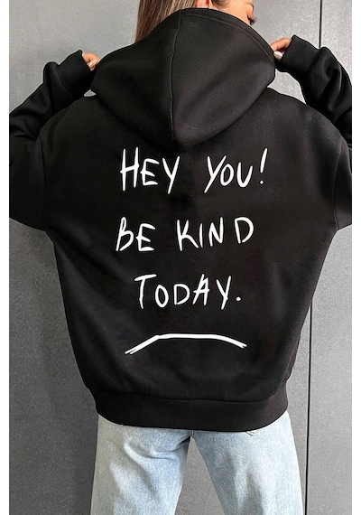 Unisex Oversize Hey You Baskılı Sweatshirt Siyah