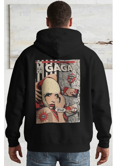 Sevbano Lady Gaga Şarkıcı Sırt Baskılı Unisex Oversize Penye Hoodie Siyah
