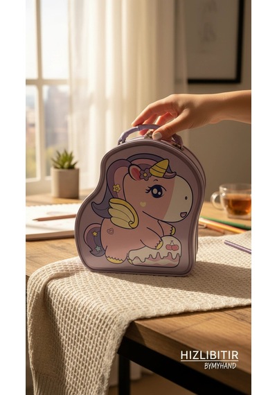Bymyhand Metal Lila Kilitli Unicorn Temalı Kulplu Kumbara 17 X 16cm