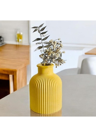 Modern Sarı 3'lü Dekoratif Set Çizgili Vazo Ve Kapaklı Obje Takımı Sarı