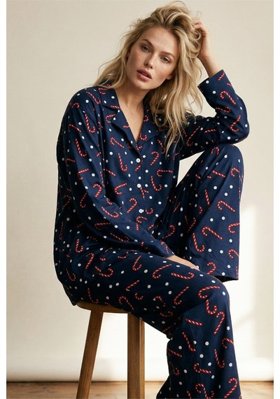 Siyah İnci Örme Düğmeli Pijama Takımı 7602 Lacivert Baston