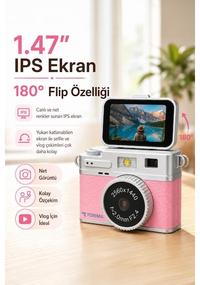 Mini Dijital Kamera 2k Flip Ekranlı Selfie Video Vlog Kamerası Cmr49 Pembe