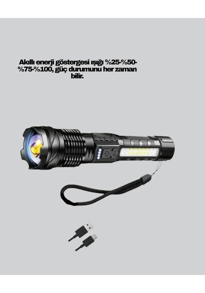 Güçlü Led El Feneri Şarj Edilebilir Çok Modlu Siyah 62865781