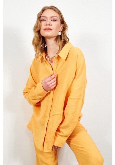 Manche Müslin Uzun Yıkamalı Oversize Rahat Kalıp Parçalı Kadın Düz Basic Gömlek Oranj Mks166905-01 Manche Müslin Uzun Yıkamalı Oversize Rahat Kalıp Parçalı Kadın Düz Basic Gömlek Oranj Mks166905-01