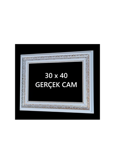30x40 Poster Resim Evrak Çerçevesi Gerçek Cam Beyaz Gold İşlemeli Beyaz Gold