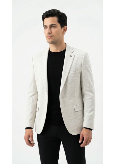 Plus Scorpion Erkek Karyağdı Desenli Slim Fit Blazer Ceket Siyah & Bej Şık Günlük Ve Ofis Kombin Bej