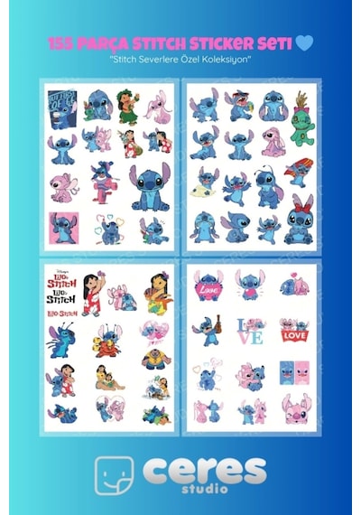 Stitch Temalı 155 Parça Sticker Seti - Kawaii Karakter Etiketleri Defter Laptop Telefon İçin Diğer