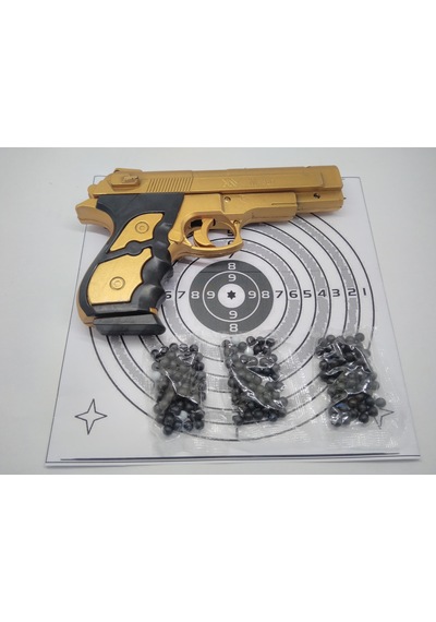 Boncuklu Tabanca Altın  Renk - 5 Paket Boncuk ve Hedef Kağıdı
