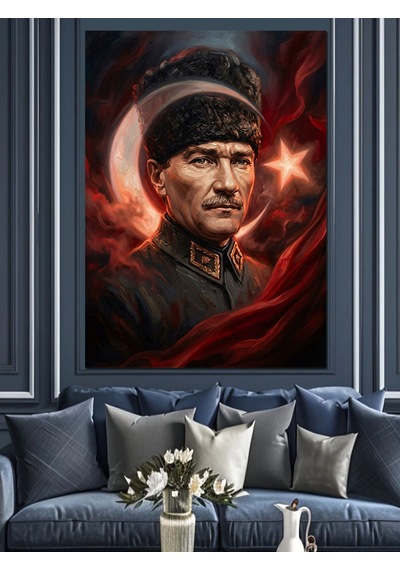 Ay Yıldızlı Atatürk Portresi Tasarımı Dekoratif Kanvas - Mdf Ahşap Tablo