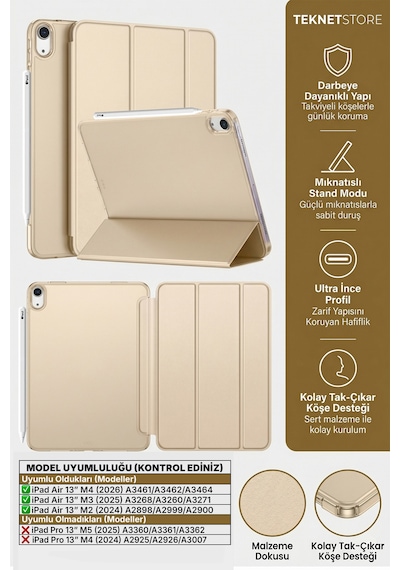 Ipad Air 13" M4 M3 M2 Uyumlu Kılıf Ultra İnce Akıllı Uyku Modlu Standlı Zarif Koruyucu Kapak Kapaklı Kılıf
