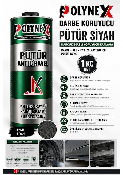 Polynex Darbe Koruyucu Pütür Siyah Kauçuk Esaslı Darbe Ses Pas İzalasyonu İçin Pütür Oto Boya 1 Kg