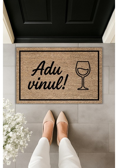 Rugmood Modern Dijital Baskı Adu Vinul Yazılı Kapı Önü Paspası Kahverengi