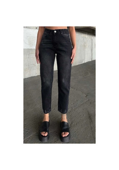 Kene Jeans Yüksek Bel Siyah İşlemli Tam Kalıp Lazer Yırtık Mom Jeans Siyah İşlemli