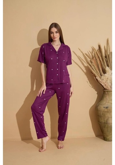 Pijamoni Kadın Kısa Kol Boydan Düğmeli Pijama Takımı - 7515-18 001