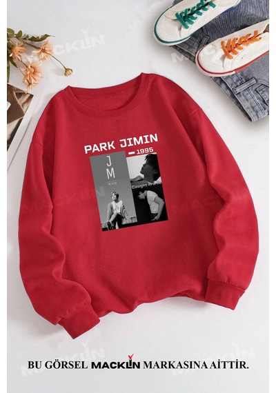 Macklin Unisex Kadın Erkek Park Jimin Bts Özel Tasarım Baskılı Bisiklet Yaka Sweatshirt Kırmızı Mck1371 Kırmızı