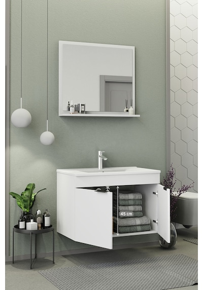 Biani Fix Arya 85 Cm Banyo Dolabı,Seramik Lavabolu, Aynalı,Lavabo Dahil,Mdf,Mat Beyaz