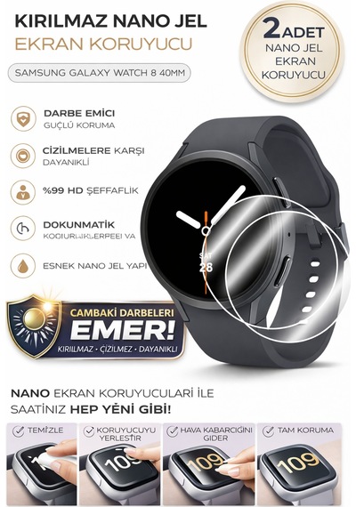 Samsung Galaxy Watch 8 40mm Uyumlu Nano Jel Ekran Koruyucu 2 Adet Darbe Emici Tam Kaplayan