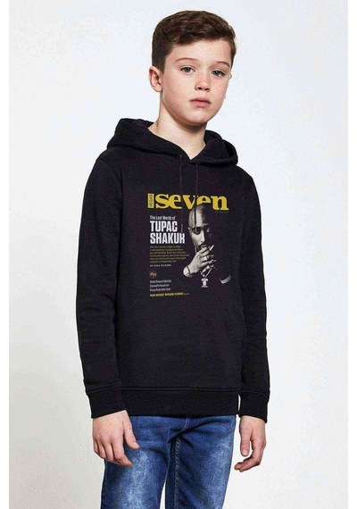 Tshirthane 2Pac Seven 7 Baskılı Unisex Çocuk Kapüşonlu Siyah Sweatshirt Siyah