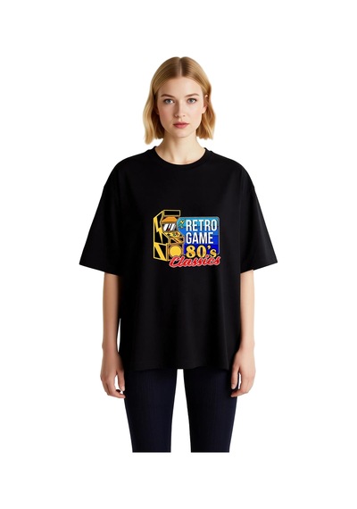 Paybuy Kadın Oversize Arcade Oyun Baskılı Tişört %100 Pamuk Rahat Kesim Siyah