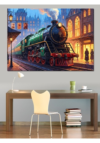 Ahşap Tablo Gece Işıkları Altında Buharlı Tren
