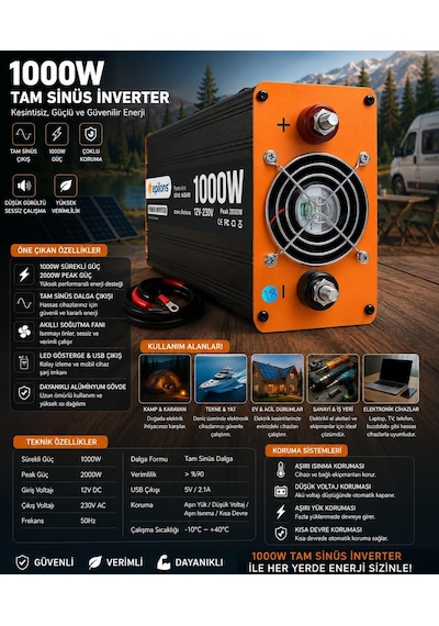 Tr 1000w Tam Sinüs İnverter, 12v Dc - 230v Ac, 2000w Peak Güç, Usb Çıkışlı, Sessiz Fanlı, Karavan Tekne Solar Genel