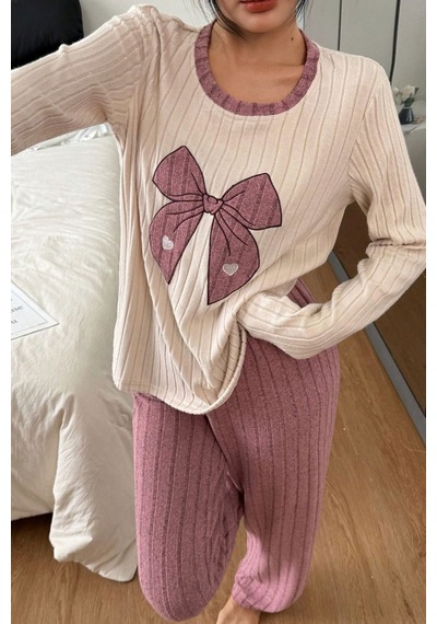 Bella Notte Pembe Nakışlı Pembe Uzun Kollu Pijama Takımı