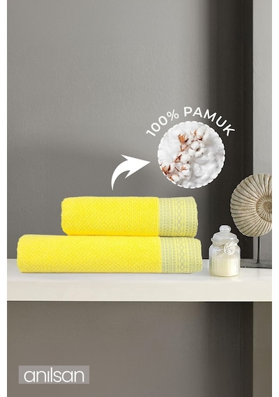 %100 Pamuk 2'li Sarı Havlu Seti - 1 Adet El Havlusu Ve 1 Adet Banyo Havlusu Sarı
