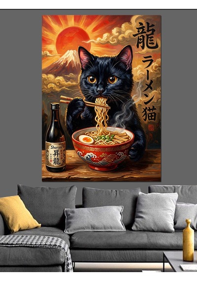 Ramen Yiyen Japon Kara Kedi Dekoratif Kanvas - Mdf Ahşap Tablo