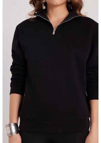 Tudors Kadın Relax Fit Rahat Kesim Pamuklu İçi Polarlı Yarım Fermuarlı Siyah Dik Yaka Sweatshirt-37888 SiYAH