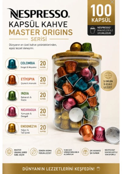 Kapsül Kahve Master Origins Seri 100 Kapsül + Cam Saklama Kutusu Hediyeli
