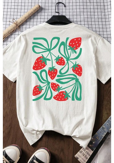 Spoyi Strawberry Bow Tasarımlı %100 Pamuk Yarım Oversize Beyaz T-shirt
