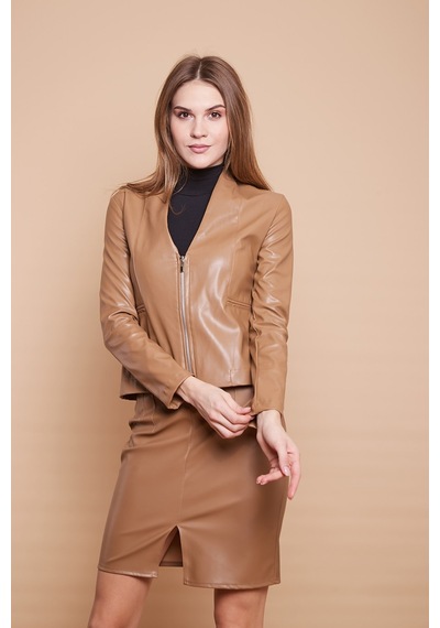 Ekolojik Suni Deri V Yaka Uzun Kol Fermuarlı Blazer Ceket-koyu Bej K.bej