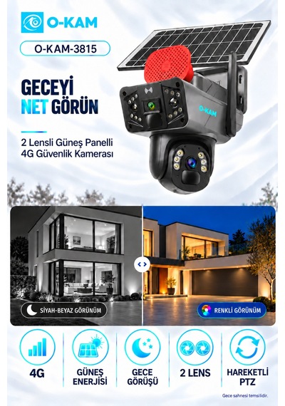 O-kam 3815 Çift Lensli 4g Güneş Panelli Ptz Güvenlik Kamerası
