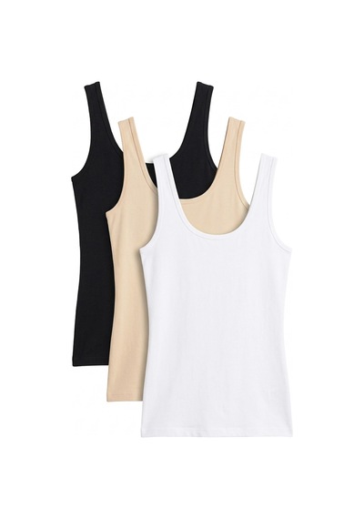 Siyah İnci 3'lü Paket Pamuklu Likralı Geniş Askılı Örme T-shirt Atlet 1002 Siyah Beyaz Ten