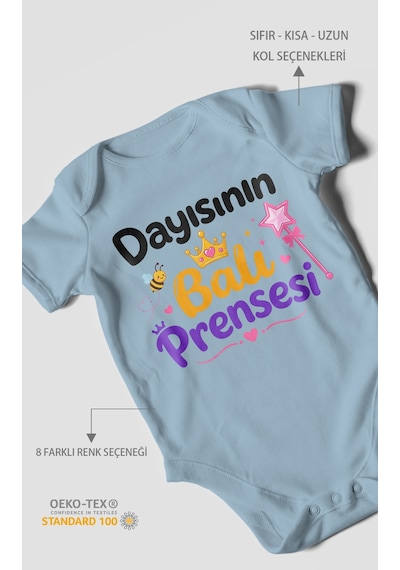 Morivokids Dayısının Ballı Prensesi Kısa Kollu Bebek Body %100 Pamuk Bebe Mavisi