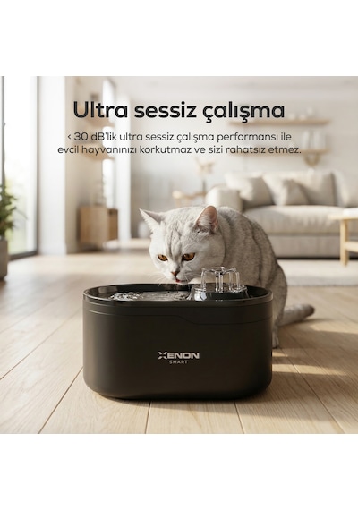 Xenon Smart Akıllı Otomatik Kedi Su Şelalesi Led Işıklı Ultra Sessiz Siyah Su Pınarı X8650 Siyah
