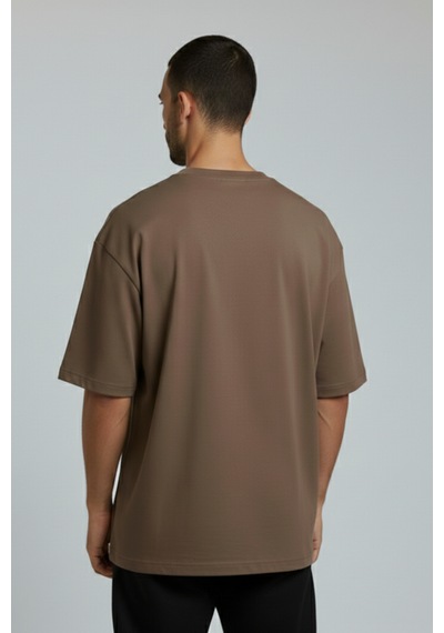 Allunique Erkek Pamuklu Oversize Bisiklet Yaka Kahverengi T-shirt