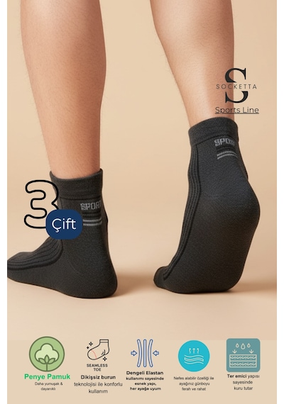 Socketta 3'lü Füme Erkek Spor Pamuk Dikişsiz Esnek Patik Çorap - Premium Gri
