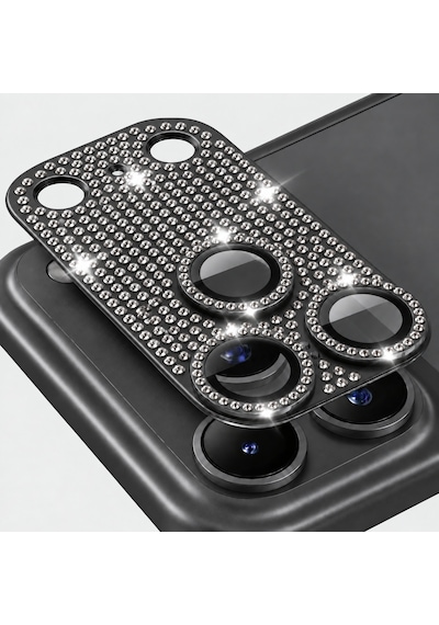 Apple iPhone 18 Pro Max Uyumlu Full Taşlı Ar Ve Af Özellikli Kamera Camı / Lensi Koruyucu Camı - Siyah