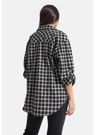 Kadın Ekose W6-67 Oversize Gömlek Siyah