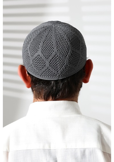 Makine Örgüsü Dantel Detaylı Namaz Takkesi Füme Füme
