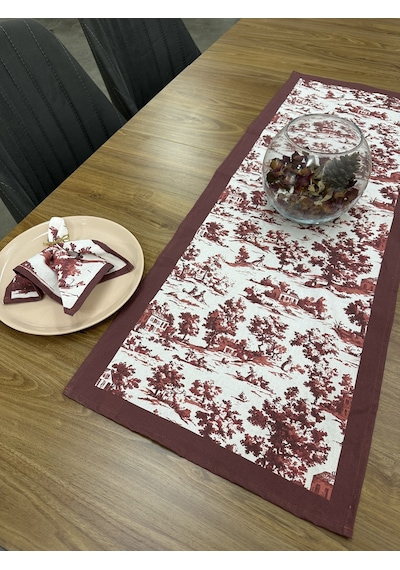Toile De Jouy Monet Runner 40x110 Cm %100 Pamuk Dijital Baskılı Masa Örtüsü Country Tarzı Fransız Desen Masa Dekoru - Zt710 Kırmızı