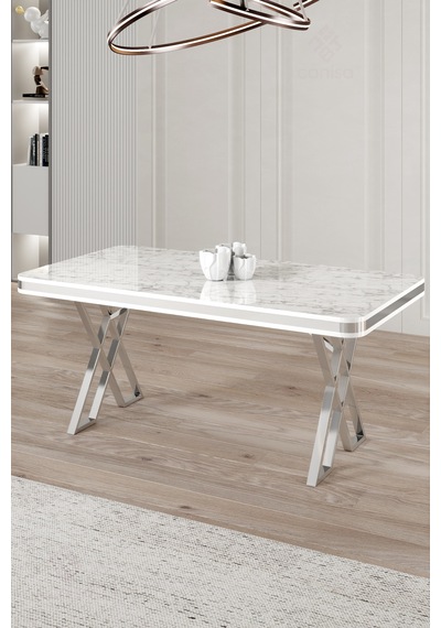 Raja Serisi 80x130 Lak Panel Sabit Masa Mutfak Masası Beyaz Mermer Masa