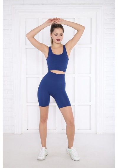 Escetic Kadın Spor Saks Mavisi Toparlayıcı, Yüksek Bel Fitnes Bra Şort-tayt Takım-4315 - Xs
