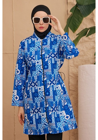 Hmm Swimwear Paraşüt Tam Kapalı Tesettür Mayo Desenli Dokuma 2224-189 Siyah