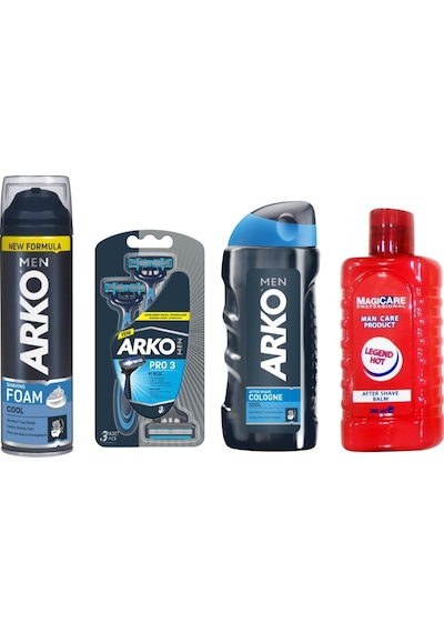 Magıcare Legend Hot After Shave Balm 200 ML + Arko Men T3 Pro 3 Bıçaklı Tıraş Bıçağı 3'lü + Cool Tıraş Köpüğü 200 ML + Cool Tıraş Kolonyası 250 ML