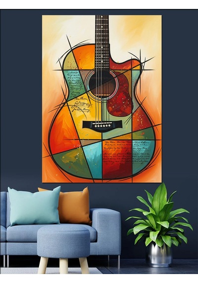 Art Deko Tasarımlı Klasik Gitar Dekoratif Kanvas - Mdf Ahşap Tablo