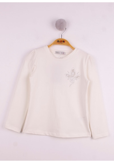 Toontoy Kids Toontoy Kız Çocuk Göğsü Çiçek Nakışlı T-shirt Beyaz